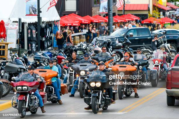 Motorcyclists ride down Main Street a day before the start of the Sturgis Motorcycle Rally on August 6, 2020 in Sturgis, South Dakota. While the...