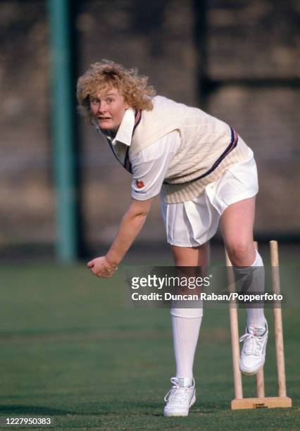 England cricketer Jo Chamberlain bowling during an England women's cricket team practice session at the Nursery Ground at Lord's Cricket Ground in...