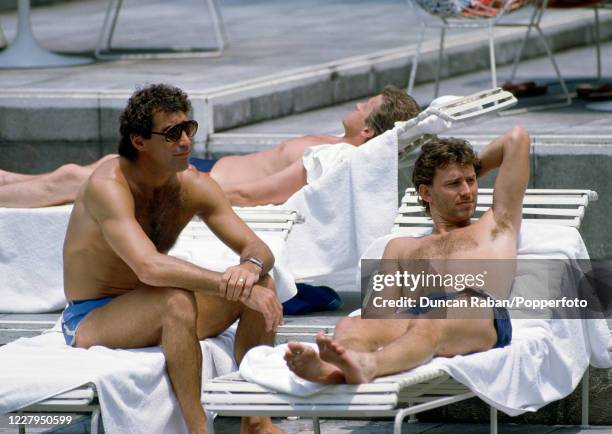 England footballers Peter Shilton and Bryan Robson pictured by the pool during England's Summer Tour in Mexico City, Mexico on 30 May, 1985.