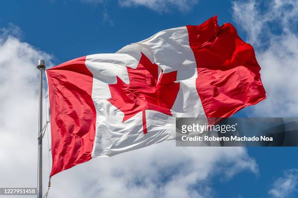 Canadian National flag waving on a clear sunny day.