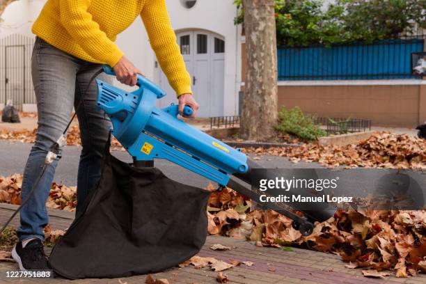 unrecognizable person with machine that blows and vacuum leaves - dead garden stock pictures, royalty-free photos & images