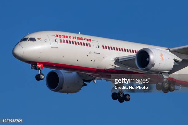 Air India Boeing 787 Dreamliner aircraft as seen on final approach flying for landing at London Heathrow International Airport LHR EGLL in England,...