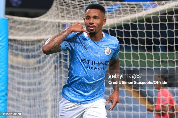 Gabriel Jesus of Man City celebrates scoring their 2nd goal during the UEFA Champions League round of 16 second leg match between Manchester City and...