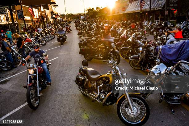 Motorcyclists drive down Main Street during the 80th Annual Sturgis Motorcycle Rally on August 7, 2020 in Sturgis, South Dakota. While the rally...