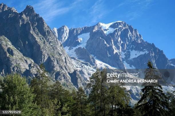 Picture taken on August 8, 2020 shows the the Planpincieux glacier in Courmayeur village, Val Ferret, northwestern Italy. - Several dozen people have...