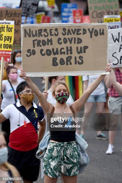 Nurses and other frontline NHS workers stage a protest at No 10 Downing Street after being left out of a public sector pay rise on August 08, 2020 in...