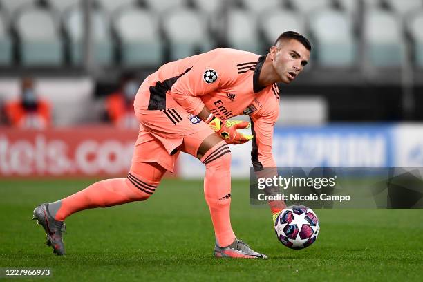 Anthony Lopes of Olympique Lyonnais in action during the UEFA Champions League round of 16 second leg football match between Juventus FC and...