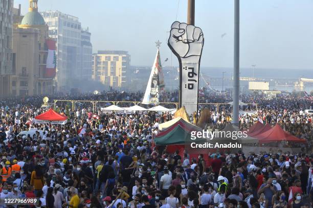 Demonstrators gather for a protest against government at the Martyrs' Square after the deadly explosion at the Port of Beirut led to massive blasts...