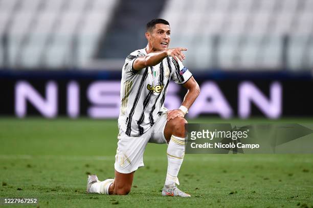 Cristiano Ronaldo of Juventus FC gestures during the UEFA Champions League round of 16 second leg football match between Juventus FC and Olympique...