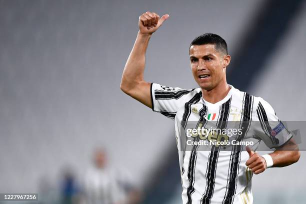 Cristiano Ronaldo of Juventus FC gestures during the UEFA Champions League round of 16 second leg football match between Juventus FC and Olympique...