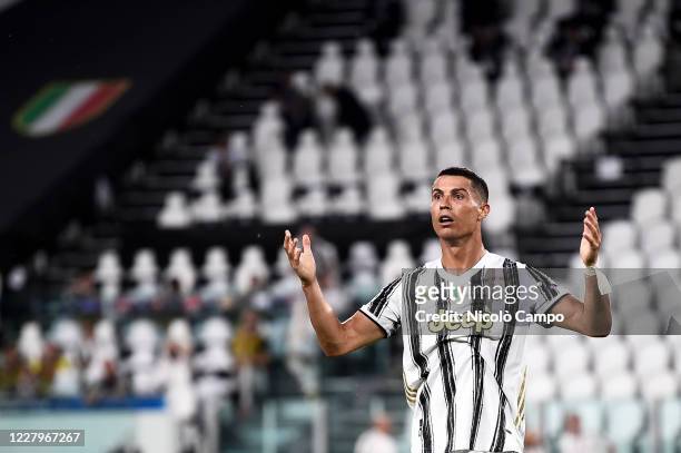 Cristiano Ronaldo of Juventus FC reacts during the UEFA Champions League round of 16 second leg football match between Juventus FC and Olympique...