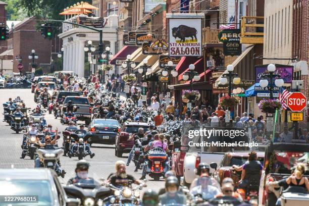 Motorcyclists ride through downtown Deadwood, South Dakota during the 80th Annual Sturgis Motorcycle Rally on August 8, 2020. While the rally usually...