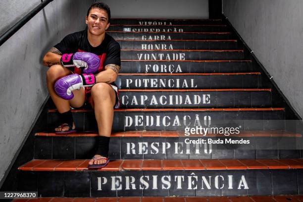 Brazilian MMA athlete Jessica Andrade "Bate Estaca" of PRTV team poses for a photo during a training session amidst the coronavirus pandemic at PRVT...
