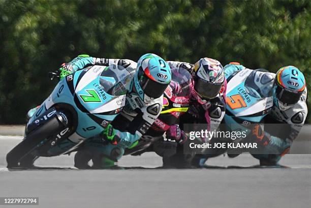 Leopard Racing's Italian rider Dennis Foggia leads the pack during the Moto 3 race of the Czech Grand Prix at Masaryk circuit in Brno on August 9,...