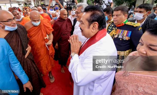 Sri Lankan president Gotabaya Rajapaksa and newly sworn in prime minister Mahinda Rajapaksa meet Buddhist monks to receive blessings at Kelaniya Raja...