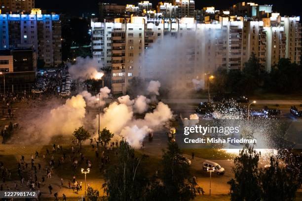 Protesters and riot police clash during a protest against Belarus President Alexander Lukashenko's claim of a landslide victory on August 9, 2020 in...