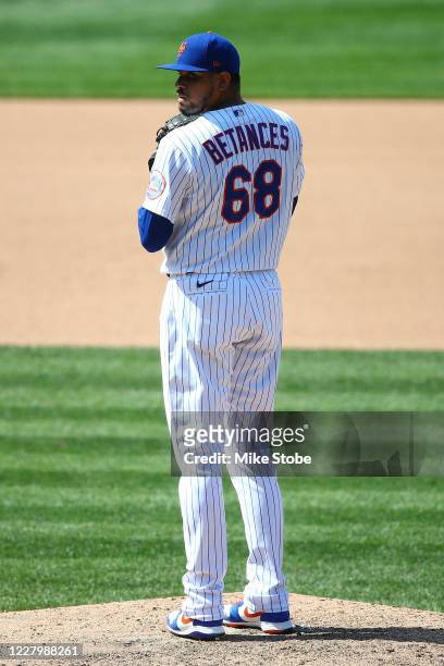 Dellin Betances of the New York Mets in action against the Miami Marlins at Citi Field on August 09, 2020 in New York City. New York Mets defeated...