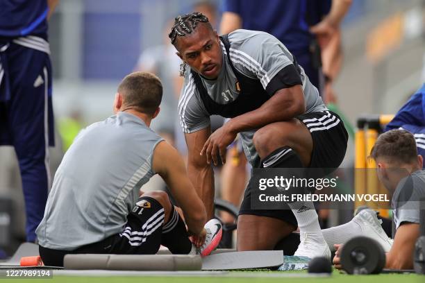 Wolverhampton Wanderers' Spanish striker Adama Traore takes part in a training session on the eve of the UEFA Europa League quarter-final football...