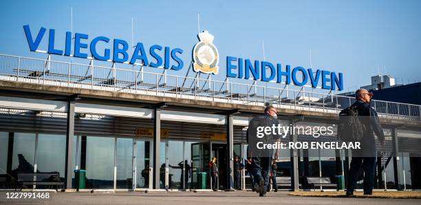 Members of the Dutch Urban Search and Rescue rescue team land at Eindhoven Air Base on August 11 following their mission to Lebanon to help in the...