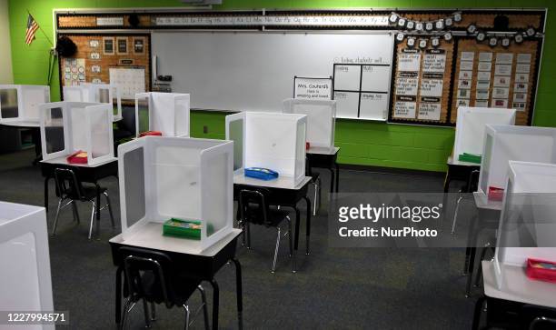 Classroom at Layer Elementary School is seen during a media preview a week before classes begin for the year during the COVID-19 pandemic on August...