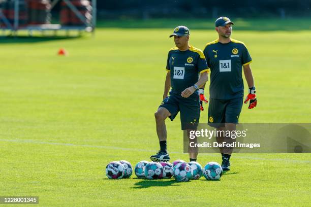 Head coach Lucien Favre of Borussia Dortmund looks on during day 2 of the pre-season summer training camp of Borussia Dortmund on August 11, 2020 in...