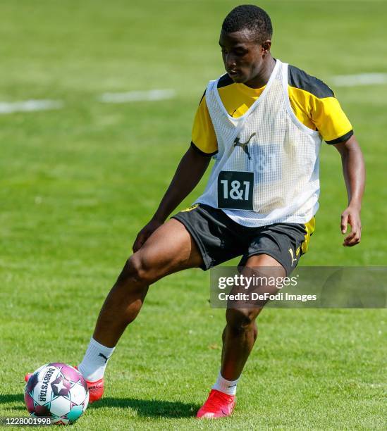 Youssoufa Moukoko of Borussia Dortmund controls the ball during day 2 of the pre-season summer training camp of Borussia Dortmund on August 11, 2020...