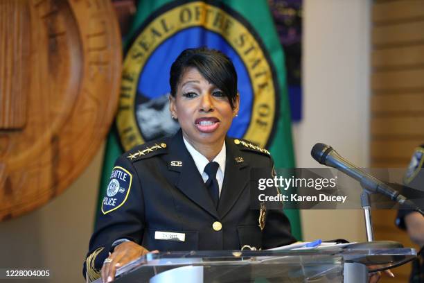 Seattle Police Chief Carmen Best announces her resignation at a press conference at Seattle City Hall on August 11, 2020 in Seattle, Washington. Her...