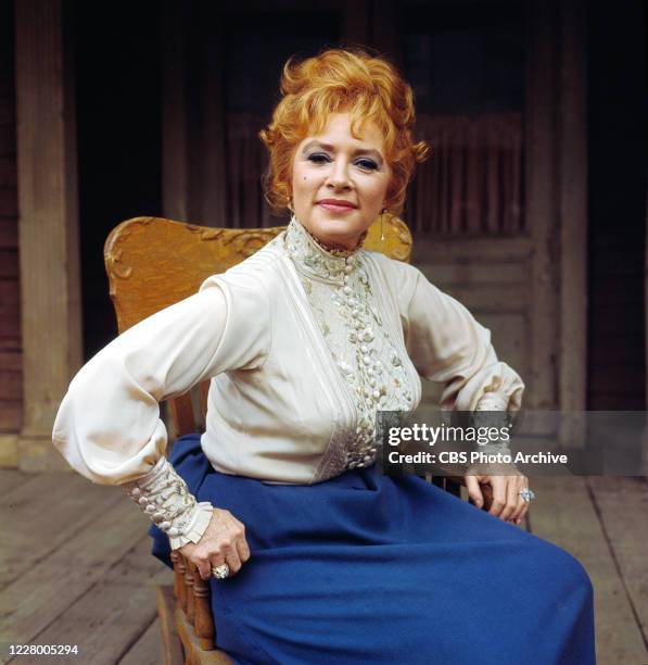 Portrait of America actress Amanda Blake, in costume as Kitty Russell, on the set of the American television series 'Gunsmoke,' 1967.