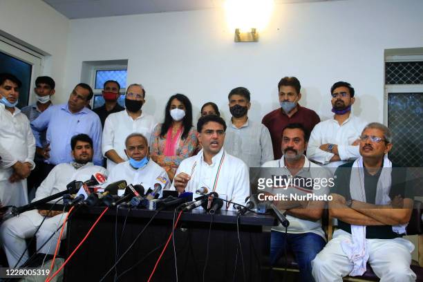 Congress leader Sachin Pilot along with party MLAs addresses media person during a press conference at his residence, in Jaipur, Rajasthan, India, on...