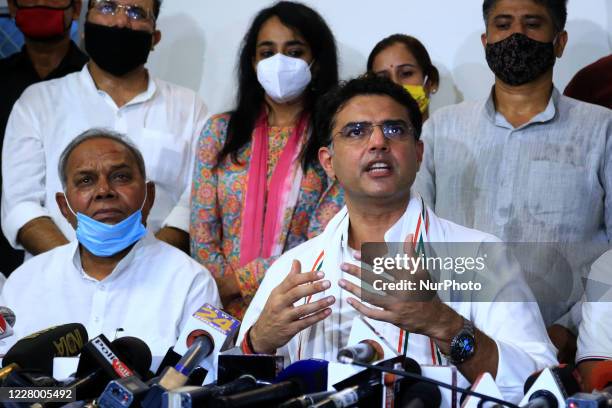 Congress leader Sachin Pilot addresses media person during a press conference at his residence, in Jaipur, Rajasthan, India, on August 11, 2020.