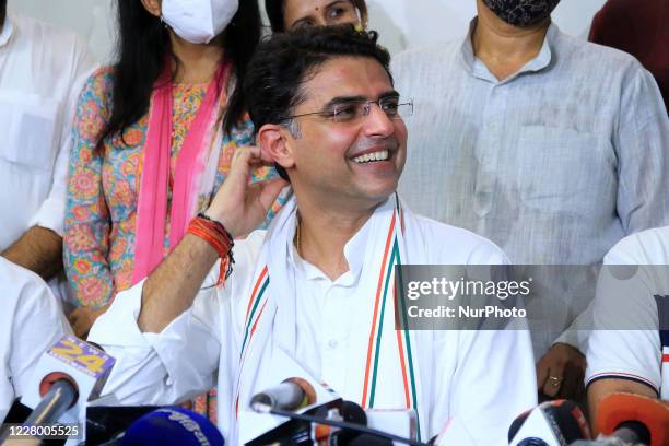 Congress leader Sachin Pilot addresses media person during a press conference at his residence, in Jaipur, Rajasthan, India, on August 11, 2020.