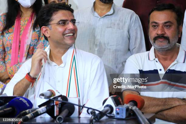 Congress leader Sachin Pilot addresses media person during a press conference at his residence, in Jaipur, Rajasthan, India, on August 11, 2020.