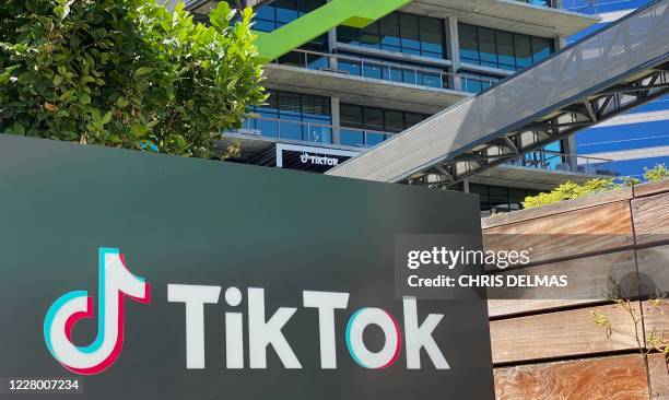 The logo of Chinese video app TikTok is seen on the side of the company's new office space at the C3 campus on August 11, 2020 in Culver City, in the...