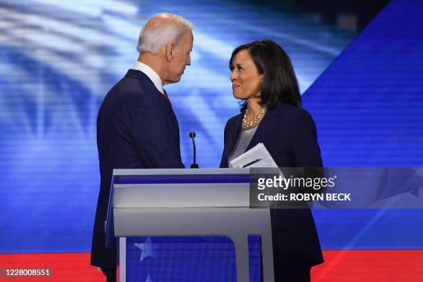 Former Vice President Joe Biden and Senator Kamala Harris speak on September 12 in Houston, Texas, after the third Democratic primary debate of the...