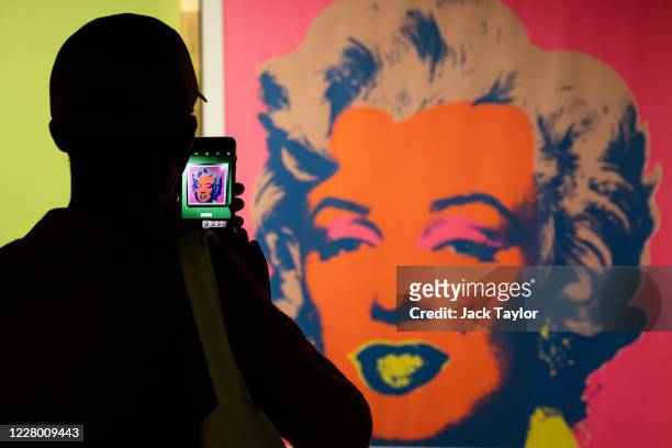 Visitor photographs a screen print of Marilyn Monroe entitled 'Marilyn' by Andy Warhol at the 'Andy Warhol: Pop Art' exhibition at the RCB Galleria...