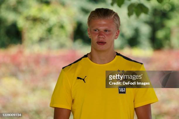 Erling Haaland of Borussia Dortmund gives an interview during day 2 of the pre-season summer training camp of Borussia Dortmund on August 11, 2020 in...