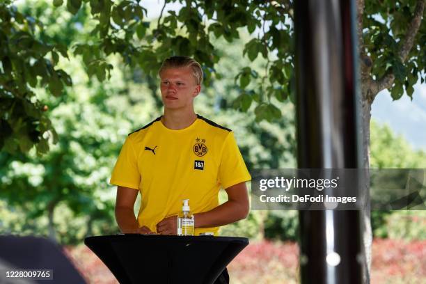 Erling Haaland of Borussia Dortmund gives an interview during day 2 of the pre-season summer training camp of Borussia Dortmund on August 11, 2020 in...