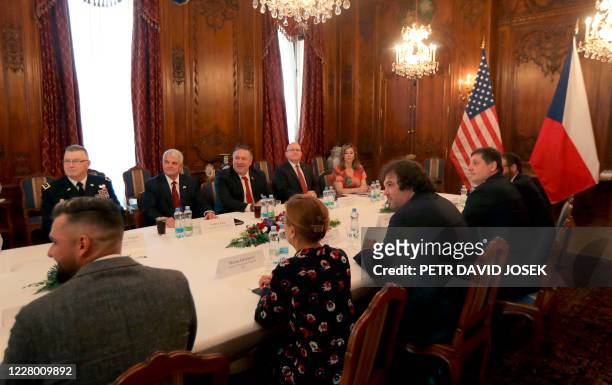 Secretary of State Mike Pompeo attends a round table discussion in Prague, Czech Republic, on August 12, 2020. - Pompeo is on a five-day visit to...