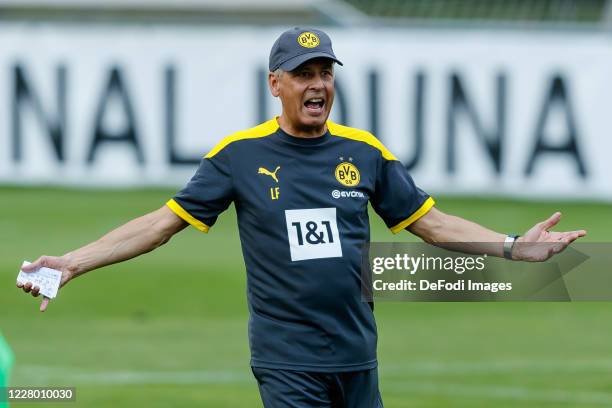 Head coach Lucien Favre of Borussia Dortmund gestures during day 2 of the pre-season summer training camp of Borussia Dortmund on August 11, 2020 in...