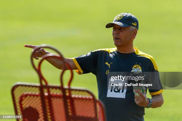 Head coach Lucien Favre of Borussia Dortmund gestures during day 2 of the pre-season summer training camp of Borussia Dortmund on August 11, 2020 in...