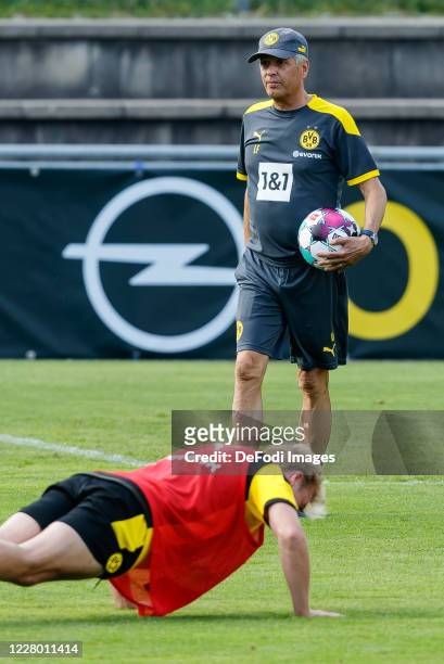 Head coach Lucien Favre of Borussia Dortmund looks on during day 2 of the pre-season summer training camp of Borussia Dortmund on August 11, 2020 in...