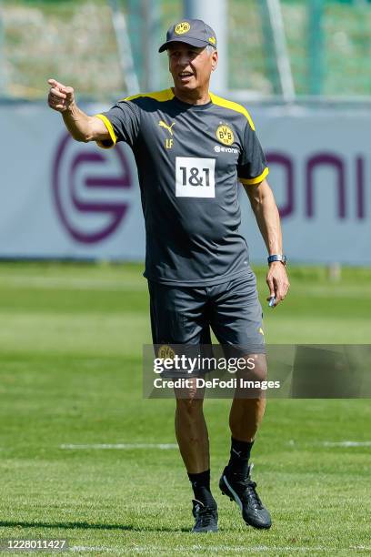 Head coach Lucien Favre of Borussia Dortmund gestures during day 2 of the pre-season summer training camp of Borussia Dortmund on August 11, 2020 in...