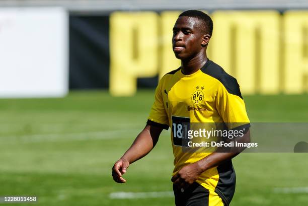 Youssoufa Moukoko of Borussia Dortmund looks on during day 2 of the pre-season summer training camp of Borussia Dortmund on August 11, 2020 in Bad...