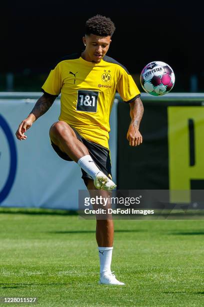 Jadon Sancho of Borussia Dortmund controls the ball during day 2 of the pre-season summer training camp of Borussia Dortmund on August 11, 2020 in...