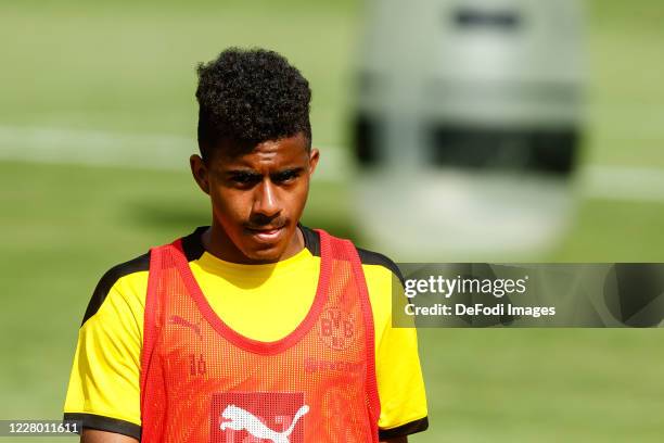 Ansgar Knauff of Borussia Dortmund looks on during day 2 of the pre-season summer training camp of Borussia Dortmund on August 11, 2020 in Bad Ragaz,...