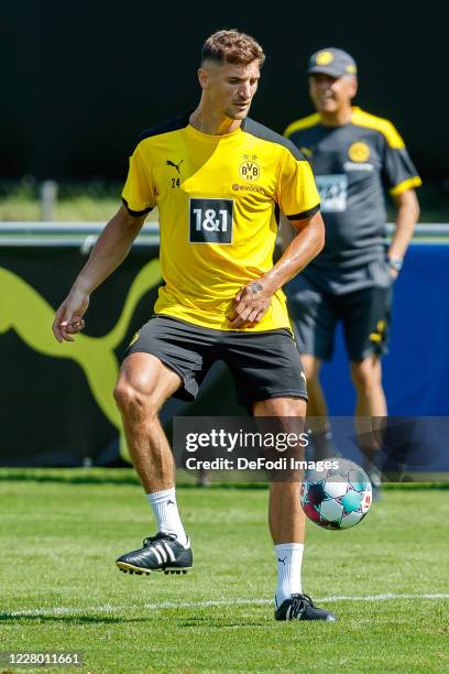 Thomas Meunier of Borussia Dortmund controls the ball during day 2 of the pre-season summer training camp of Borussia Dortmund on August 11, 2020 in...