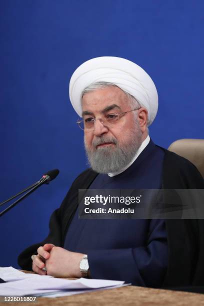 Iranian President Hassan Rouhani makes statements on current events after a cabinet meeting in Tehran, Iran on August 12, 2020.