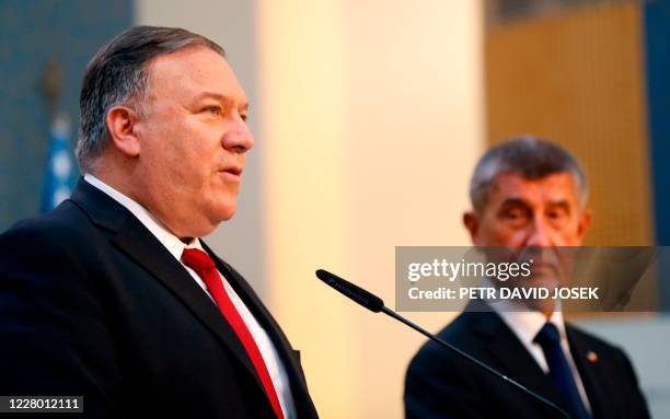 Secretary of State Mike Pompeo and the Czech Prime Minister Andrej Babis address media during a press conference in Prague, Czech Republic, on August...