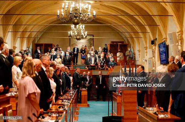 Secretary of State Mike Pompeo attends a meeting of the Czech Senate in Prague, Czech Republic, on August 12, 2020. - Pompeo is on a five-day visit...