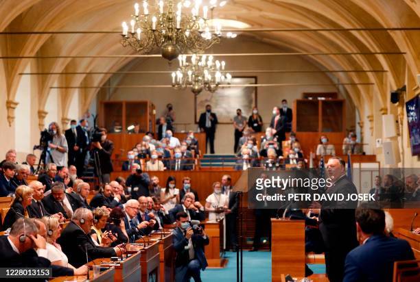 Secretary of State Mike Pompeo speaks during a meeting of the Czech Senate in Prague, Czech Republic, on August 12, 2020. - Pompeo is on a five-day...